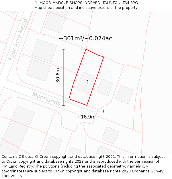 1, MOORLANDS, BISHOPS LYDEARD, TAUNTON, TA4 3PG: Plot and title map