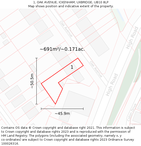 1, OAK AVENUE, ICKENHAM, UXBRIDGE, UB10 8LP: Plot and title map