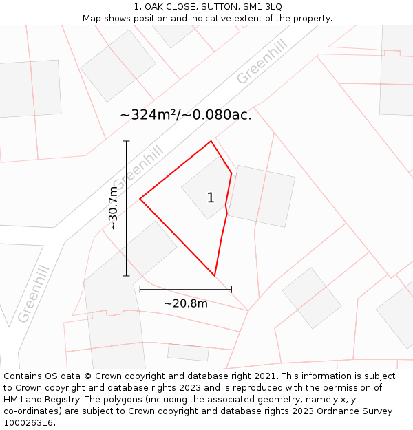 1, OAK CLOSE, SUTTON, SM1 3LQ: Plot and title map