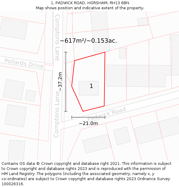 1, PADWICK ROAD, HORSHAM, RH13 6BN: Plot and title map