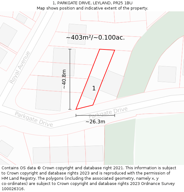 1, PARKGATE DRIVE, LEYLAND, PR25 1BU: Plot and title map