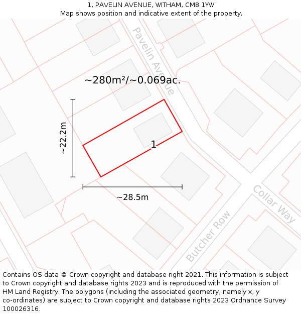 1, PAVELIN AVENUE, WITHAM, CM8 1YW: Plot and title map