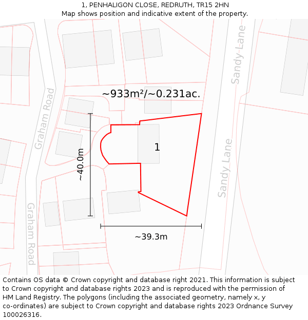 1, PENHALIGON CLOSE, REDRUTH, TR15 2HN: Plot and title map