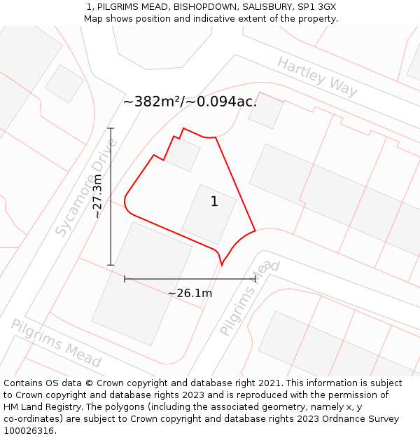 1, PILGRIMS MEAD, BISHOPDOWN, SALISBURY, SP1 3GX: Plot and title map