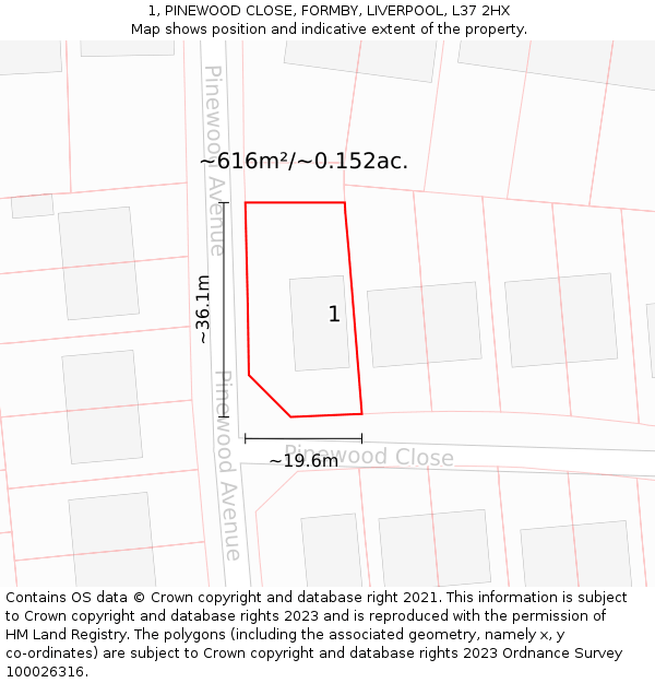 1, PINEWOOD CLOSE, FORMBY, LIVERPOOL, L37 2HX: Plot and title map