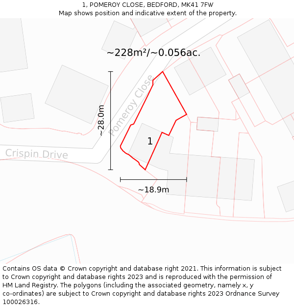 1, POMEROY CLOSE, BEDFORD, MK41 7FW: Plot and title map