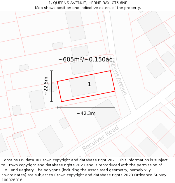 1, QUEENS AVENUE, HERNE BAY, CT6 6NE: Plot and title map