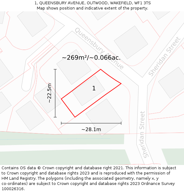 1, QUEENSBURY AVENUE, OUTWOOD, WAKEFIELD, WF1 3TS: Plot and title map