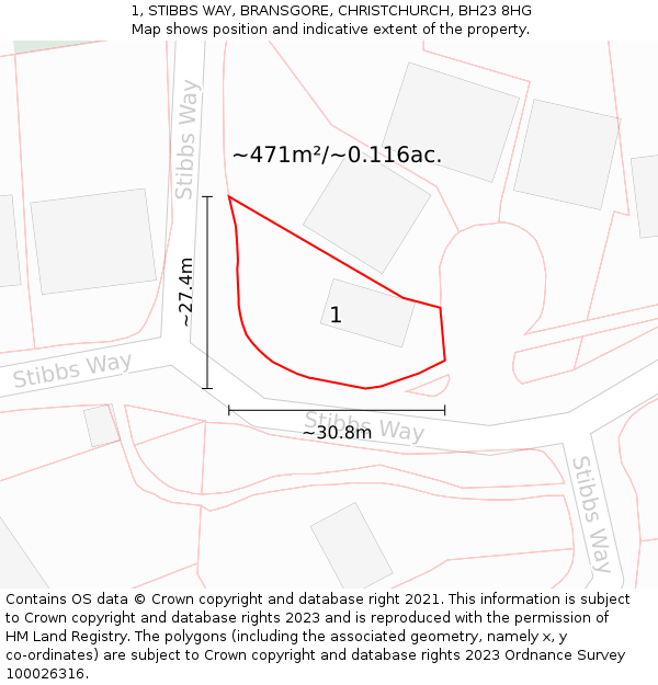 1, STIBBS WAY, BRANSGORE, CHRISTCHURCH, BH23 8HG: Plot and title map