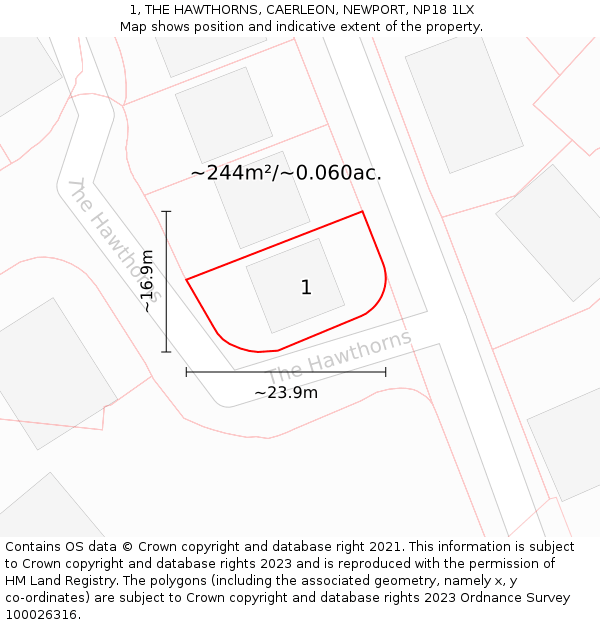 1, THE HAWTHORNS, CAERLEON, NEWPORT, NP18 1LX: Plot and title map