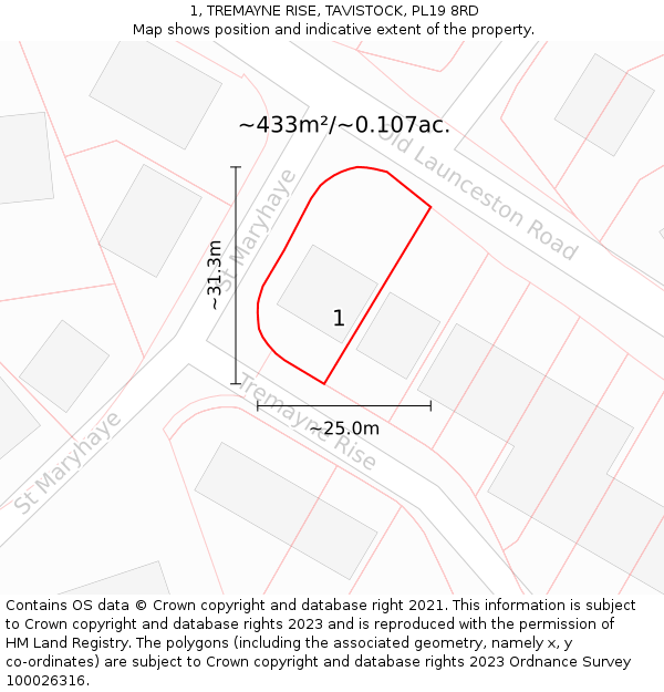 1, TREMAYNE RISE, TAVISTOCK, PL19 8RD: Plot and title map