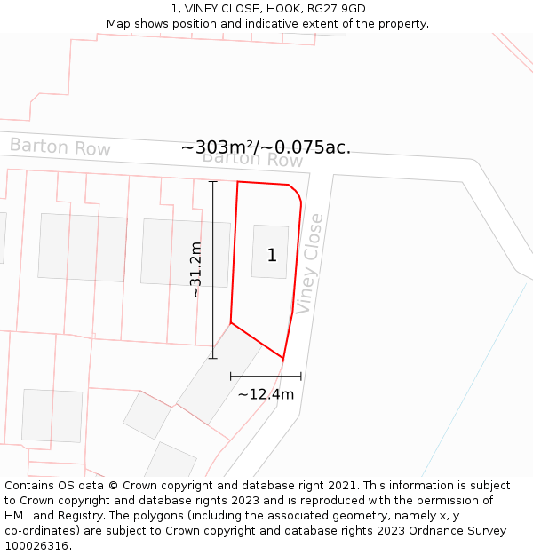 1, VINEY CLOSE, HOOK, RG27 9GD: Plot and title map