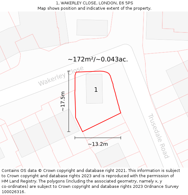 1, WAKERLEY CLOSE, LONDON, E6 5PS: Plot and title map