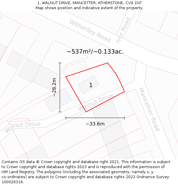 1, WALNUT DRIVE, MANCETTER, ATHERSTONE, CV9 1NT: Plot and title map