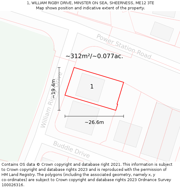 1, WILLIAM RIGBY DRIVE, MINSTER ON SEA, SHEERNESS, ME12 3TE: Plot and title map