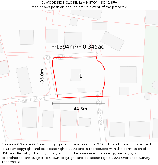 1, WOODSIDE CLOSE, LYMINGTON, SO41 8FH: Plot and title map