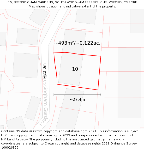 10, BRESSINGHAM GARDENS, SOUTH WOODHAM FERRERS, CHELMSFORD, CM3 5RF: Plot and title map