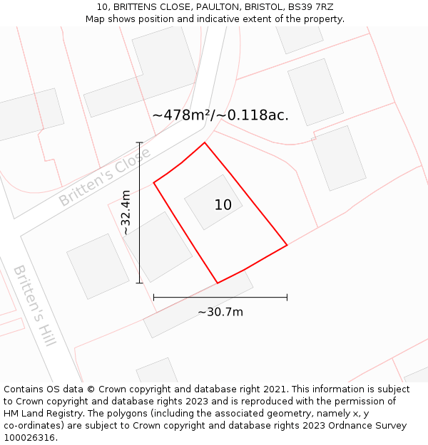 10, BRITTENS CLOSE, PAULTON, BRISTOL, BS39 7RZ: Plot and title map