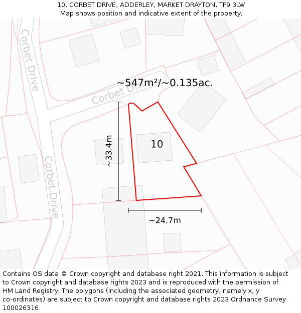 10, CORBET DRIVE, ADDERLEY, MARKET DRAYTON, TF9 3LW: Plot and title map