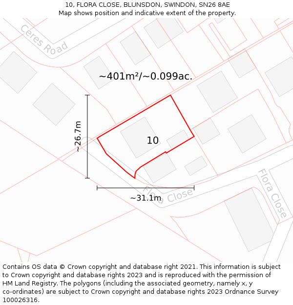 10, FLORA CLOSE, BLUNSDON, SWINDON, SN26 8AE: Plot and title map