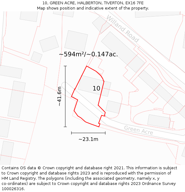 10, GREEN ACRE, HALBERTON, TIVERTON, EX16 7FE: Plot and title map