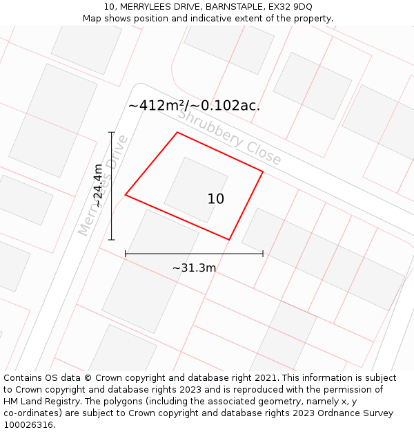 10, MERRYLEES DRIVE, BARNSTAPLE, EX32 9DQ: Plot and title map