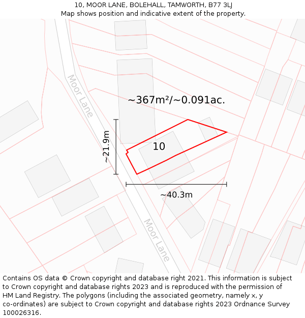 10, MOOR LANE, BOLEHALL, TAMWORTH, B77 3LJ: Plot and title map