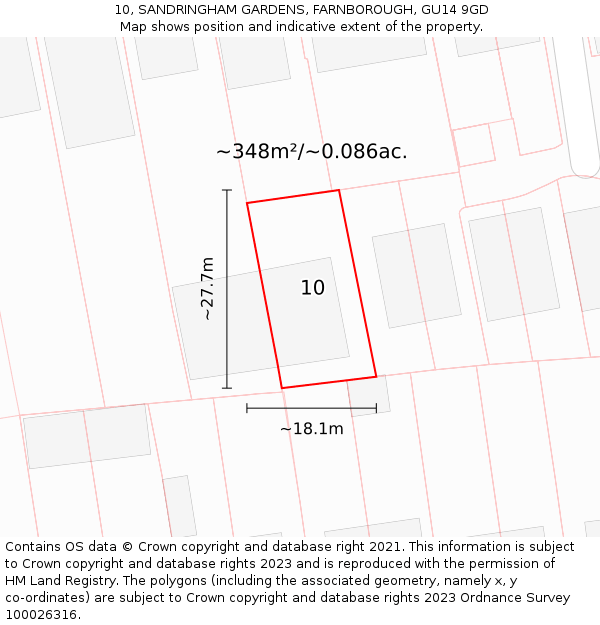 10, SANDRINGHAM GARDENS, FARNBOROUGH, GU14 9GD: Plot and title map