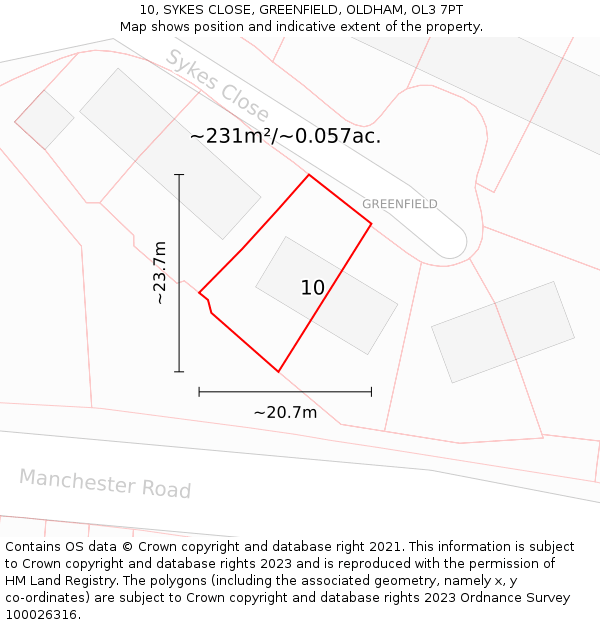 10, SYKES CLOSE, GREENFIELD, OLDHAM, OL3 7PT: Plot and title map