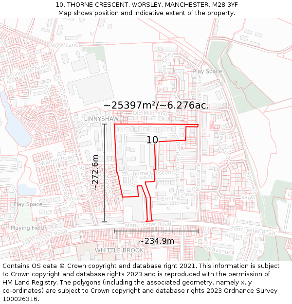 10, THORNE CRESCENT, WORSLEY, MANCHESTER, M28 3YF: Plot and title map