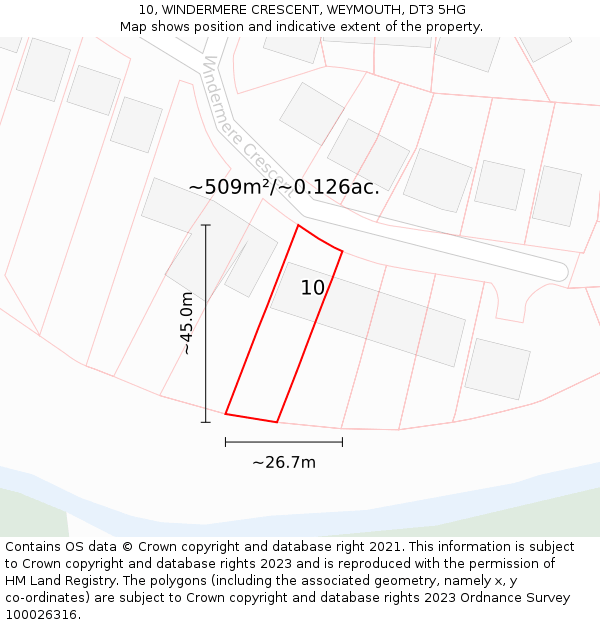 10, WINDERMERE CRESCENT, WEYMOUTH, DT3 5HG: Plot and title map