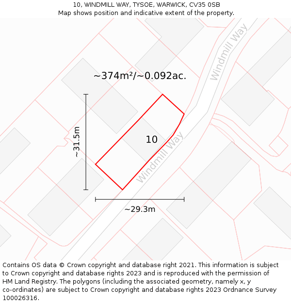 10, WINDMILL WAY, TYSOE, WARWICK, CV35 0SB: Plot and title map