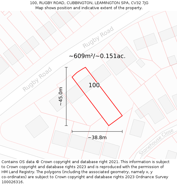 100, RUGBY ROAD, CUBBINGTON, LEAMINGTON SPA, CV32 7JG: Plot and title map