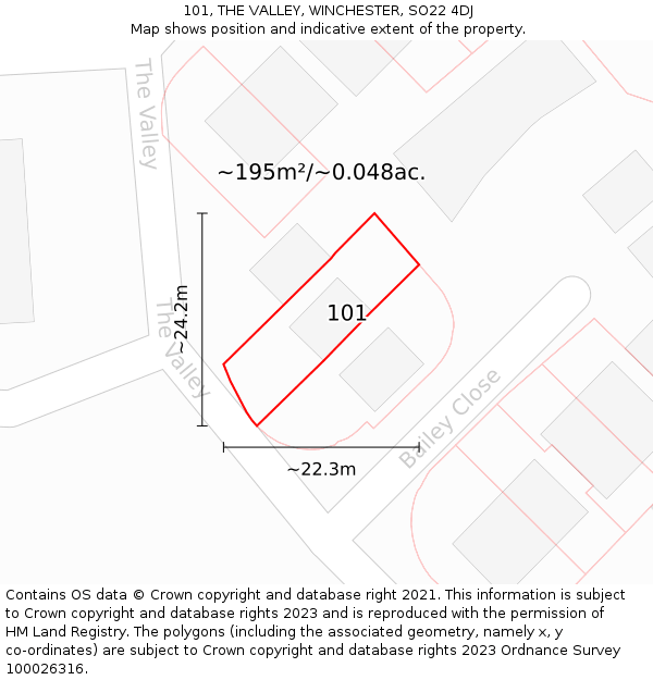 101, THE VALLEY, WINCHESTER, SO22 4DJ: Plot and title map