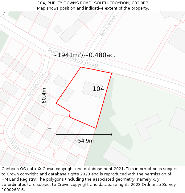 104, PURLEY DOWNS ROAD, SOUTH CROYDON, CR2 0RB: Plot and title map