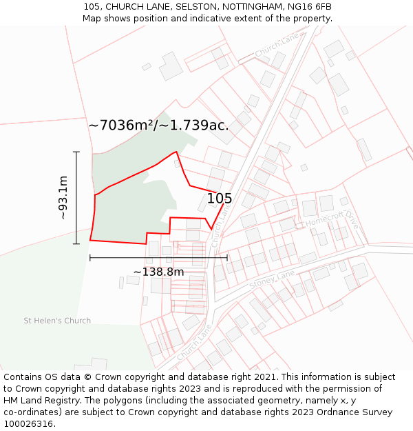 105, CHURCH LANE, SELSTON, NOTTINGHAM, NG16 6FB: Plot and title map