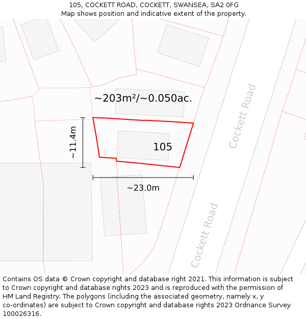 105, COCKETT ROAD, COCKETT, SWANSEA, SA2 0FG: Plot and title map