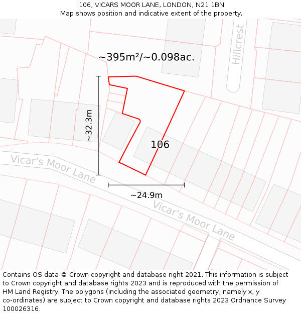 106, VICARS MOOR LANE, LONDON, N21 1BN: Plot and title map