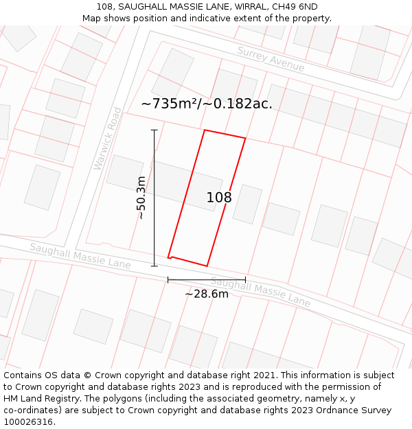 108, SAUGHALL MASSIE LANE, WIRRAL, CH49 6ND: Plot and title map