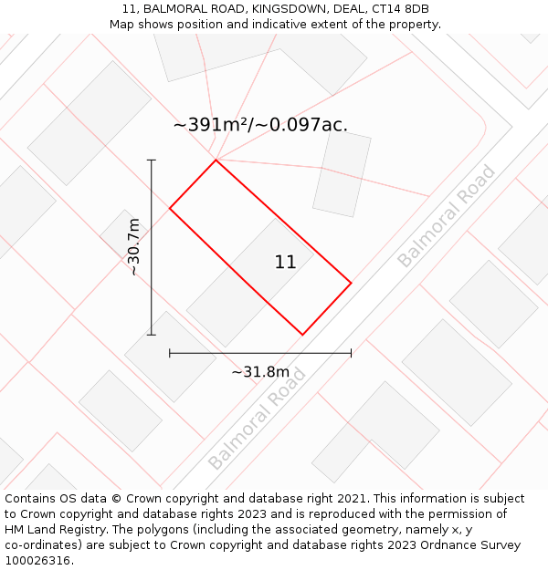 11, BALMORAL ROAD, KINGSDOWN, DEAL, CT14 8DB: Plot and title map