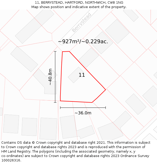 11, BERRYSTEAD, HARTFORD, NORTHWICH, CW8 1NG: Plot and title map