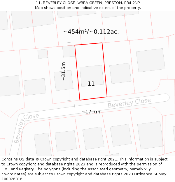 11, BEVERLEY CLOSE, WREA GREEN, PRESTON, PR4 2NP: Plot and title map