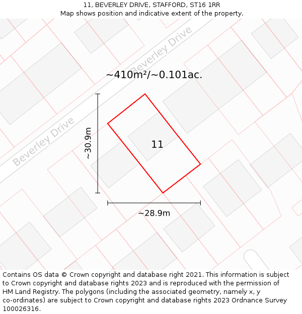 11, BEVERLEY DRIVE, STAFFORD, ST16 1RR: Plot and title map