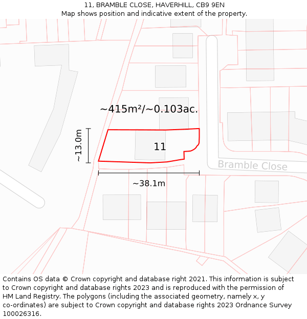 11, BRAMBLE CLOSE, HAVERHILL, CB9 9EN: Plot and title map