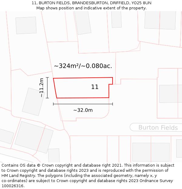 11, BURTON FIELDS, BRANDESBURTON, DRIFFIELD, YO25 8UN: Plot and title map