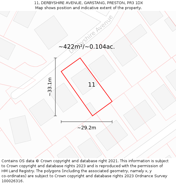 11, DERBYSHIRE AVENUE, GARSTANG, PRESTON, PR3 1DX: Plot and title map