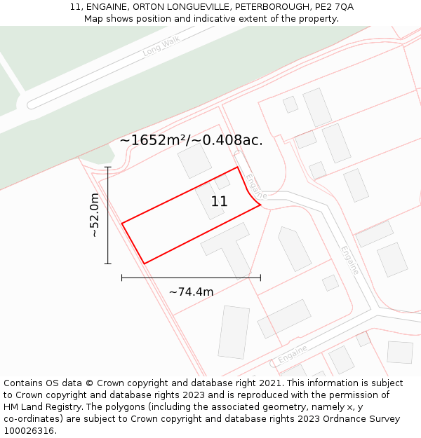 11, ENGAINE, ORTON LONGUEVILLE, PETERBOROUGH, PE2 7QA: Plot and title map