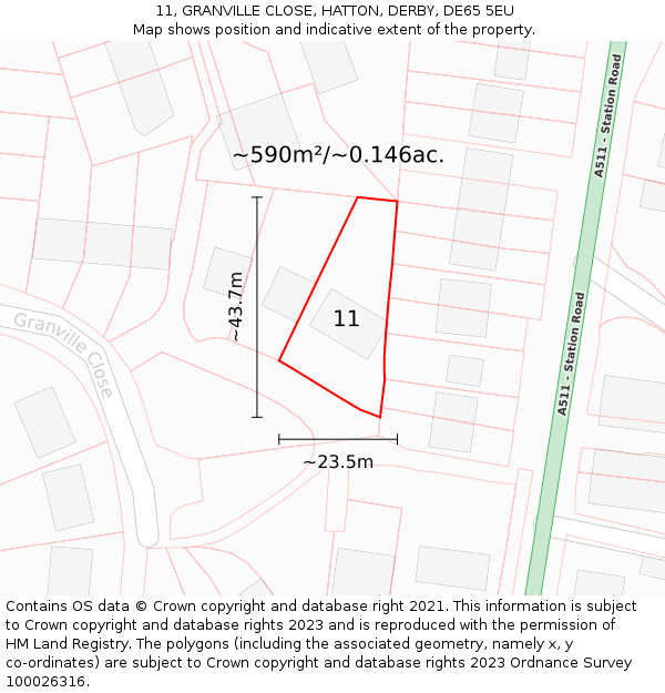 11, GRANVILLE CLOSE, HATTON, DERBY, DE65 5EU: Plot and title map