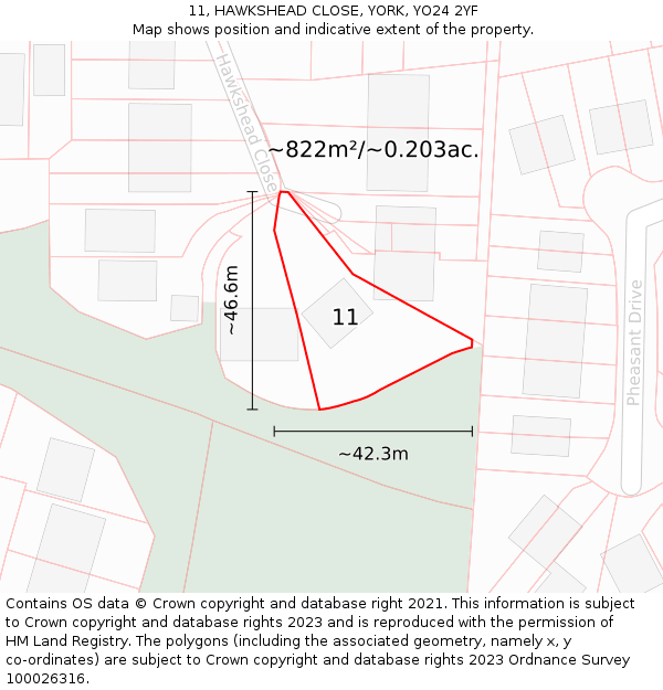 11, HAWKSHEAD CLOSE, YORK, YO24 2YF: Plot and title map