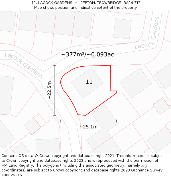 11, LACOCK GARDENS, HILPERTON, TROWBRIDGE, BA14 7TF: Plot and title map